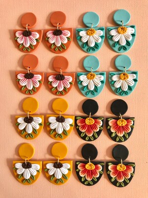 Daisy Floral Folk Art Statement Earrings, Modern Floral Earrings, Flower Jewelry, Mustard Yellow Burnt Orange Red, Boho Hippie Earring - image4